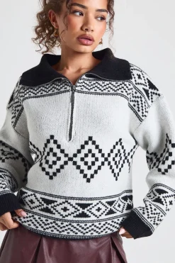boohoo Half Zip Pull-over Oversize à Imprimé Aztèque<Femme Pulls Et Gilets|Toutes Les Mailles