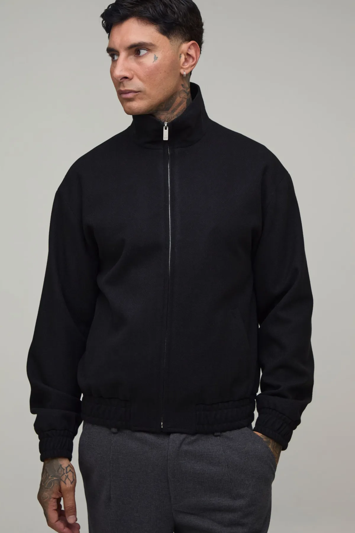 boohooMAN Harrington Col Contrasté À Col Montant Ajusté Coupe Régulière Tall<Homme Tout Afficher|Vestes & Manteaux Tall