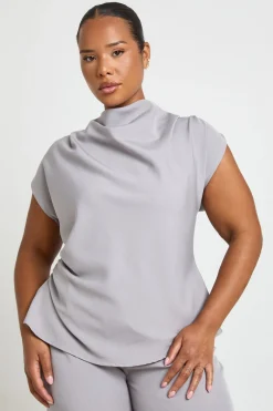 Haut Ajusté Grande Taille À Col Drapé Froncé