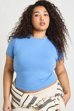 Haut Ajusté Long À Manches Courtes Grande Taille Basique