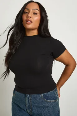 boohoo Haut Ajusté Long À Manches Courtes Grande Taille Basique<Femme Basiques|Tops