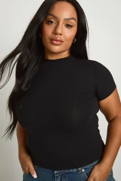 boohoo Haut Ajusté Long À Manches Courtes Grande Taille Basique<Femme Basiques|Tops