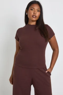 Haut Ajusté À Manches Courtes Côtelé Grande Taille Basique