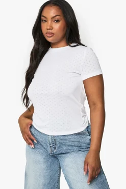 boohoo Haut Ajusté À Manches Courtes Pointelle Grande Taille<Femme Tops