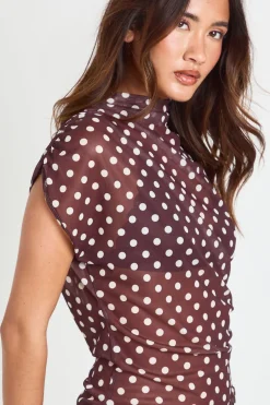 Haut Asymétrique En Mesh À Pois Col Montant Avec Fronces Latérales