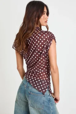 Haut Asymétrique En Mesh À Pois Col Montant Avec Fronces Latérales