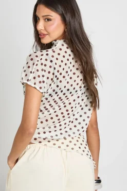 boohoo Haut Asymétrique En Mesh À Pois Col Montant Avec Fronces Latérales<Femme Pois|Tops