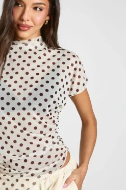 boohoo Haut Asymétrique En Mesh À Pois Col Montant Avec Fronces Latérales<Femme Pois|Tops