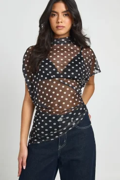 boohoo Haut Asymétrique En Résille À Pois Col Montant Avec Fronces Latérales<Femme Pois|Tops