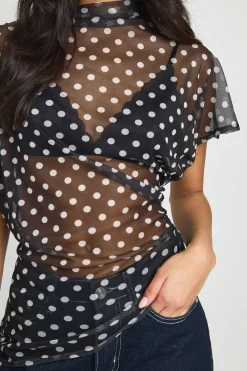 boohoo Haut Asymétrique En Résille À Pois Col Montant Avec Fronces Latérales<Femme Pois|Tops