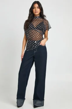 boohoo Haut Asymétrique En Résille À Pois Col Montant Avec Fronces Latérales<Femme Pois|Tops