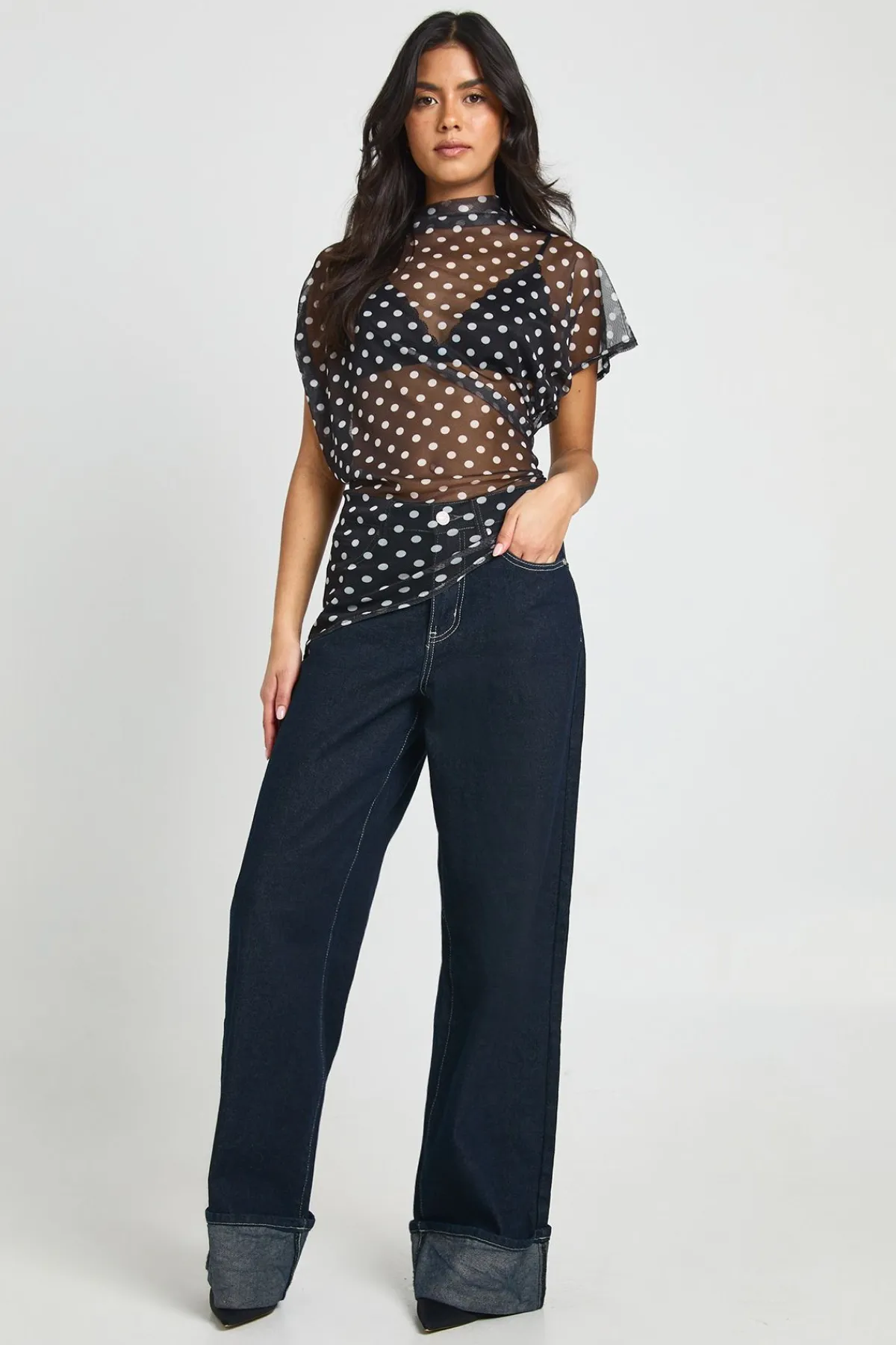 boohoo Haut Asymétrique En Résille À Pois Col Montant Avec Fronces Latérales<Femme Pois|Tops
