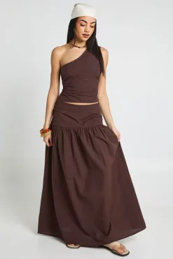 boohoo Haut Asymétrique Et Jupe Longue Effet Lin<Femme Looks Chocolat|Ensembles