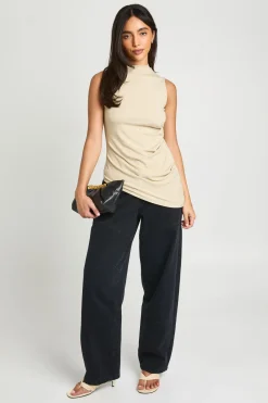 Haut Asymétrique Froncé Col Montant Côtelé Ultra Doux