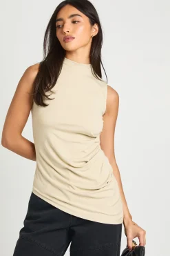 Haut Asymétrique Froncé Col Montant Côtelé Ultra Doux