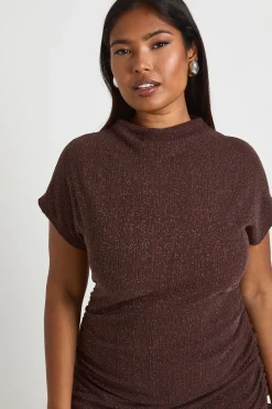 boohoo Haut Asymétrique Grande Taille à Côtes Pailletées avec Fronces Latérales<Femme Looks Chocolat|Tops