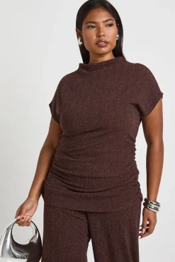 boohoo Haut Asymétrique Grande Taille à Côtes Pailletées avec Fronces Latérales<Femme Looks Chocolat|Tops