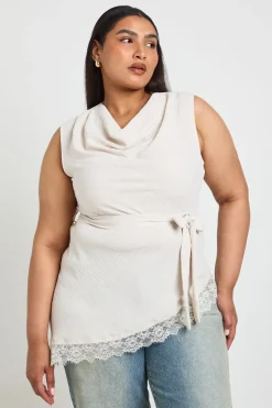 Haut Asymétrique Grande Taille Col Bénitier Taille Nouée Ourlet En Dentelle