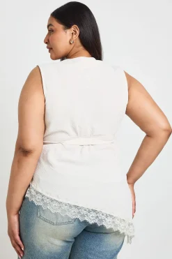 Haut Asymétrique Grande Taille Col Bénitier Taille Nouée Ourlet En Dentelle
