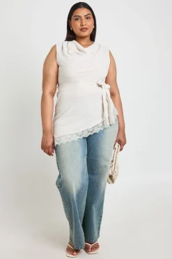 Haut Asymétrique Grande Taille Col Bénitier Taille Nouée Ourlet En Dentelle