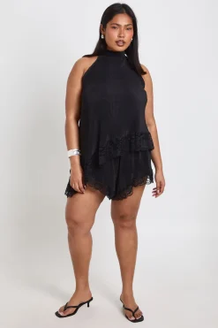 Haut Asymétrique Plissé Avec Bordure En Dentelle Grande Taille
