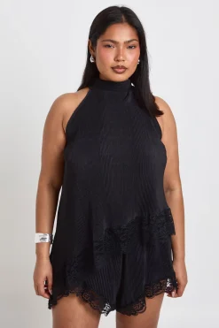 Haut Asymétrique Plissé Avec Bordure En Dentelle Grande Taille