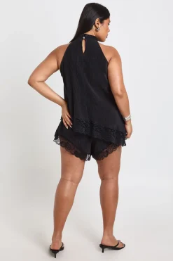 Haut Asymétrique Plissé Avec Bordure En Dentelle Grande Taille