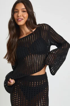 boohoo Haut Au Crochet À Manches Évasées De Plage<Femme Tenues De Plage|Pulls Et Gilets
