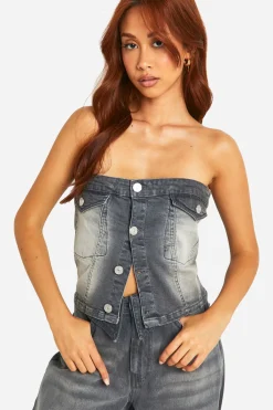 boohoo Haut bandeau en denim stretch gris délavé avec détail de bouton<Femme Denim|Denim