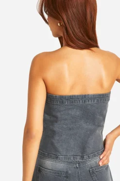 boohoo Haut bandeau en denim stretch gris délavé avec détail de bouton<Femme Denim|Denim