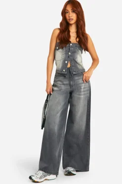 boohoo Haut bandeau en denim stretch gris délavé avec détail de bouton<Femme Denim|Denim