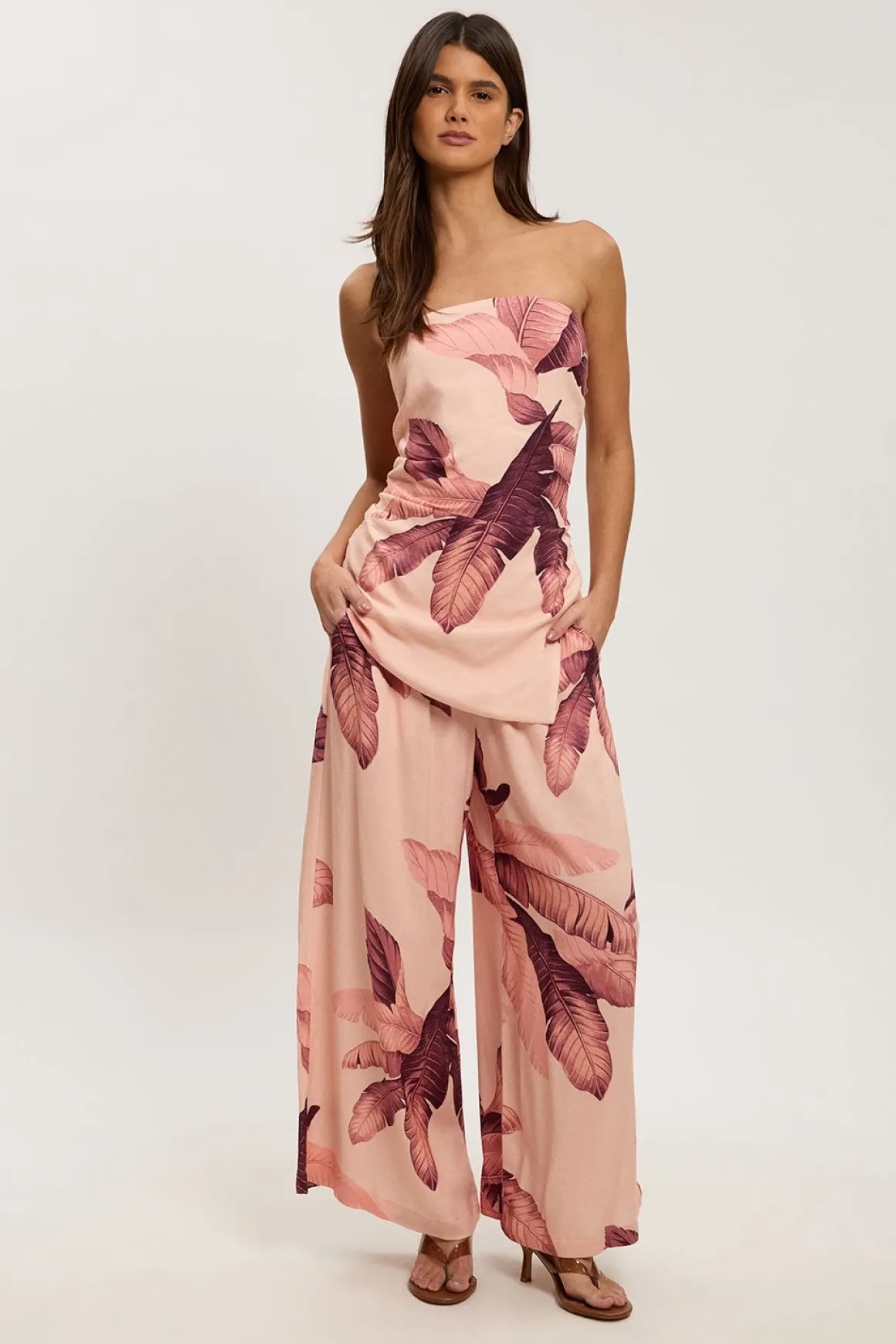 Haut Bandeau Petite En Viscose Lin À Imprimé Palmier