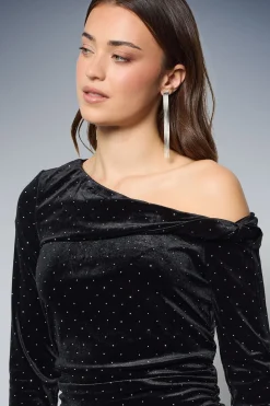 Haut Bardot en Velours à Strass Manches Longues Diamante
