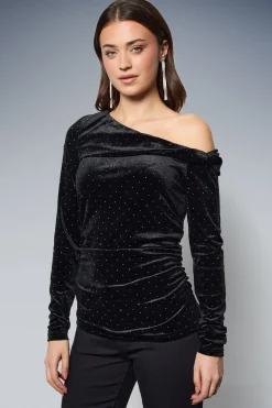 Haut Bardot en Velours à Strass Manches Longues Diamante