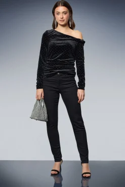 Haut Bardot en Velours à Strass Manches Longues Diamante