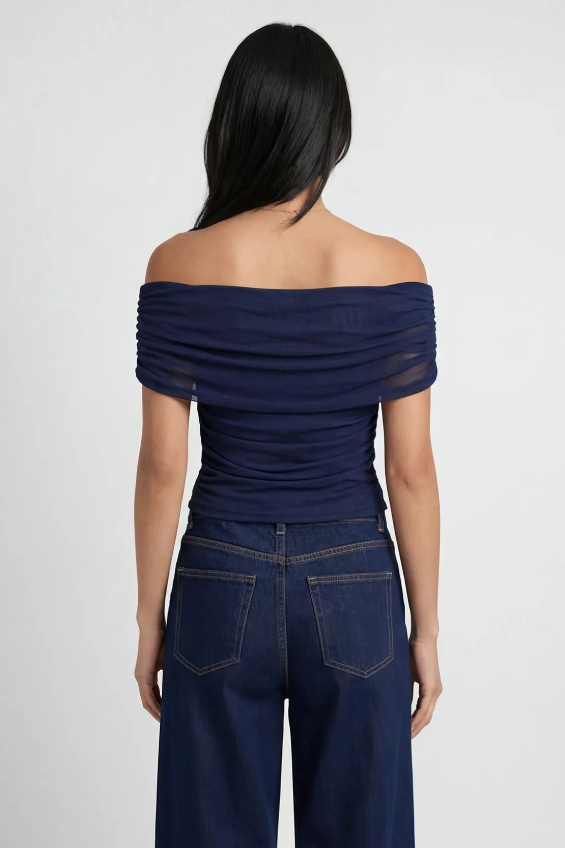 Haut Bardot Froncé En Mesh Grande Taille