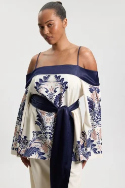 KarenMillen Haut Bardot Grande Taille Imprimé Foulard Avec Ceinture En Tissu Tissé<Femme Tops