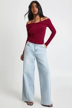 boohoo Haut Bardot Moulant avec Détail Nœud<Femme Tops|Looks Bordeaux