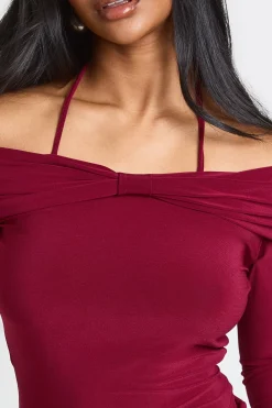 boohoo Haut Bardot Moulant avec Détail Nœud<Femme Tops|Looks Bordeaux