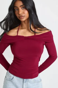 boohoo Haut Bardot Moulant avec Détail Nœud<Femme Tops|Looks Bordeaux