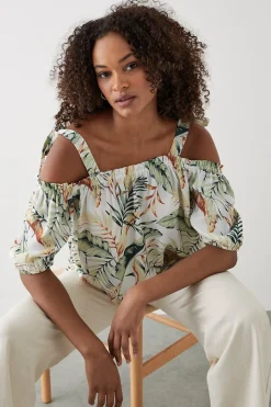 Haut Bardot Tropical à Épaules Nouées