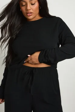 boohoo Haut basique à manches longues Plus Rib & pantalon à taille élastiquée ensemble coordonné<Femme Basiques|Ensembles