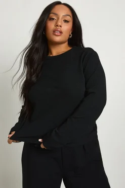 boohoo Haut basique à manches longues Plus Rib & pantalon à taille élastiquée ensemble coordonné<Femme Basiques|Ensembles