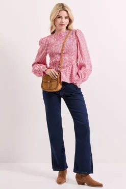 Dorothy Perkins Haut à Basque Vichy avec Corsage Froncé et Manches Bouffantes<Femme Tops