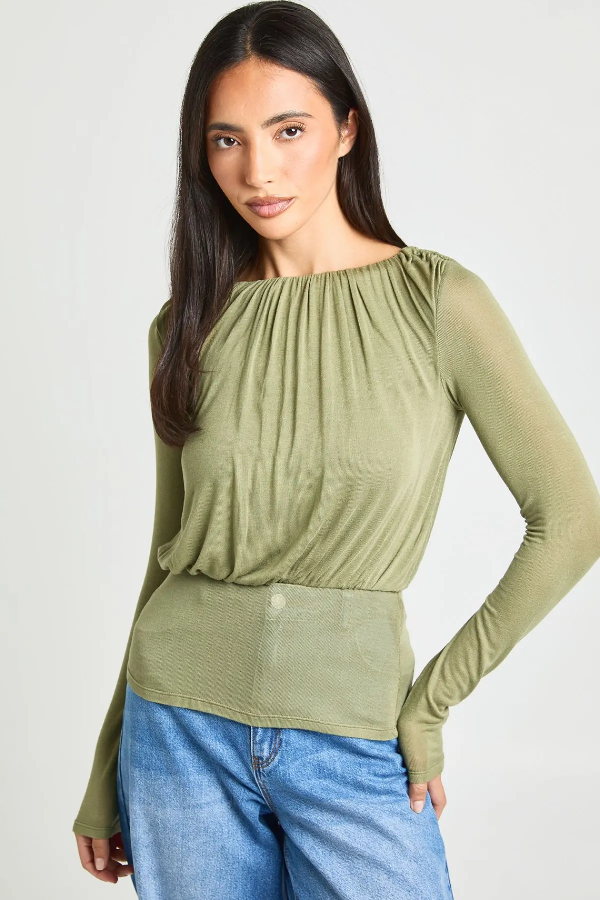 boohoo Haut Blouson Froncé En Maille Transparente Avec Ourlet Profond<Femme Tops