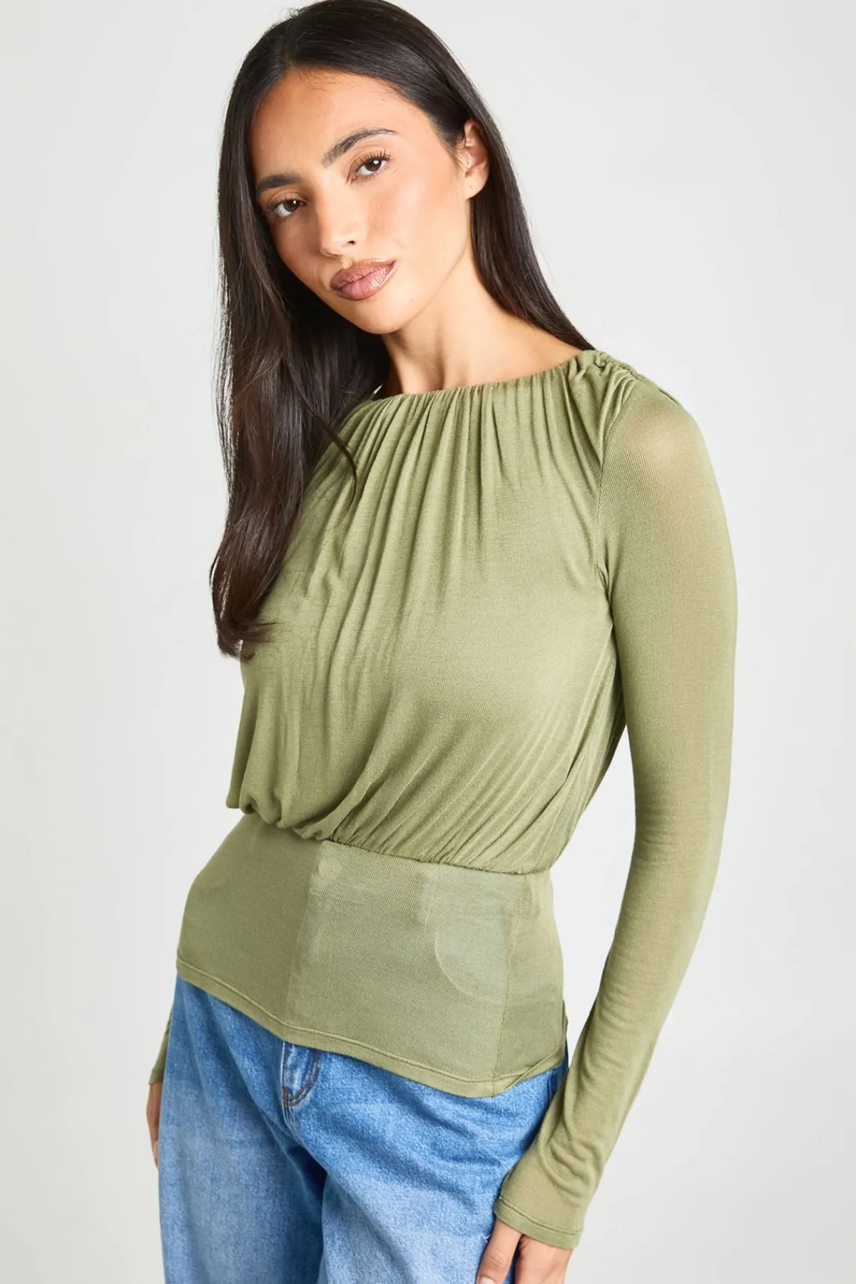 boohoo Haut Blouson Froncé En Maille Transparente Avec Ourlet Profond<Femme Tops