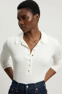 Haut à Boutons Col Chemise en Jersey Côtelé Viscose Manches Longues