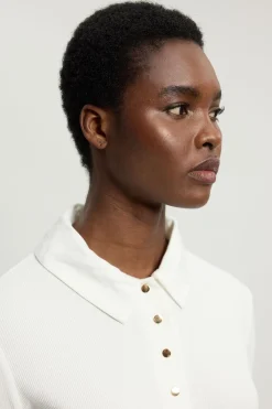 Haut à Boutons Col Chemise en Jersey Côtelé Viscose Manches Longues