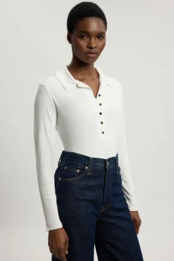 Haut à Boutons Col Chemise en Jersey Côtelé Viscose Manches Longues