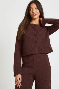 boohoo Haut boxy en côtes pailletées avec bouton doré<Femme Looks Chocolat|Tops